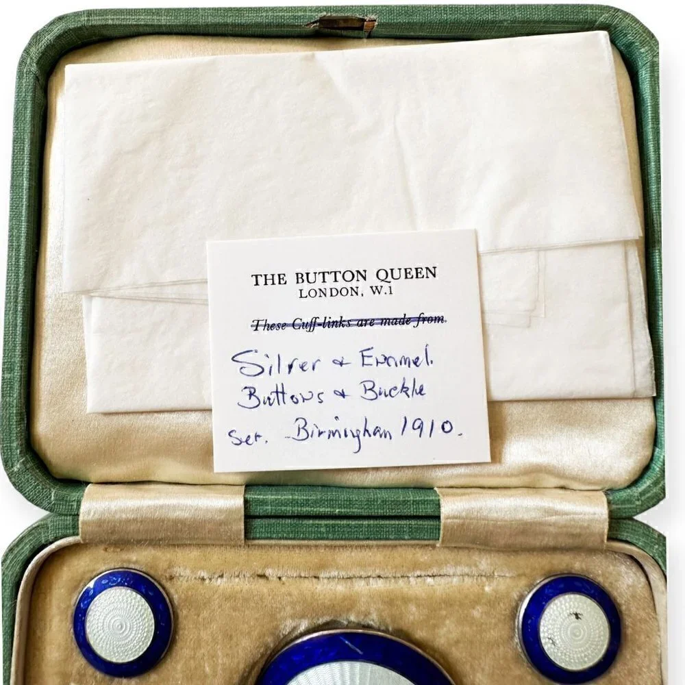 Edwardian Sterling Silver Blue Enamel Buckle and Button Set, Birmingham 1910
